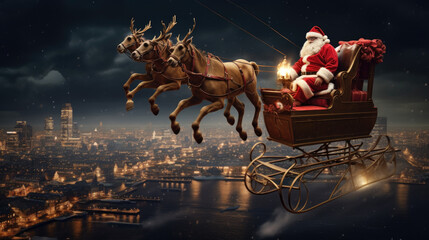 santa claus riding a sleigh - obrazy, fototapety, plakaty