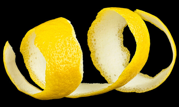Fresh lemon fruit peel on a black background. Lemon twist.