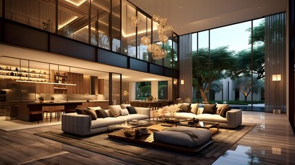 interior of a modern living room at night. 3d rendering