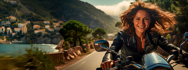 Attractive woman without helmet on a high-powered motorcycle - obrazy, fototapety, plakaty