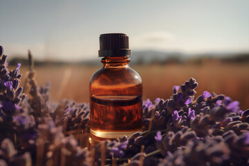 Lavender essential oil in a small bottle with lavender field background. Selective focus, nature, for product presentation, product display, banner background