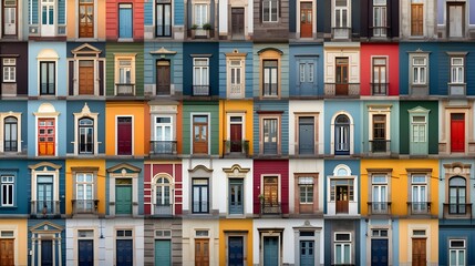 Panoramic image of a row of colorful houses in the city