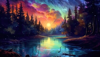 Obraz na płótnie Canvas Delicate moonlit landscape painting setting
