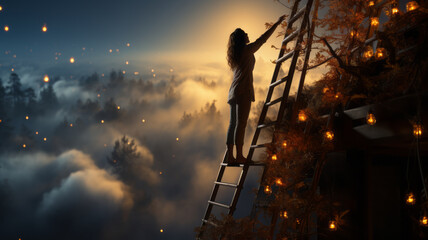 Woman on a ladder reaching for a box out of reach, - obrazy, fototapety, plakaty