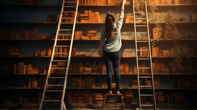 Woman On A Ladder Reaching For A Box Out Of Reach,