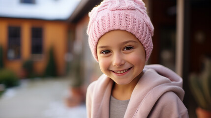 Portrait of a beautiful american little child smiling. Breast Cancer Awareness Month