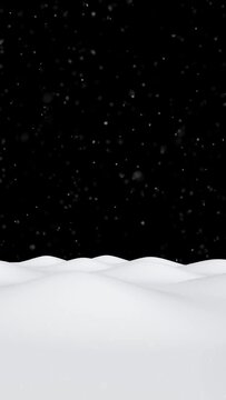 Beautiful smooth snow surface with small bumps landscape and realistic falling snowflakes on clean black copy space vertical animation. Concept Christmas, New Year background.