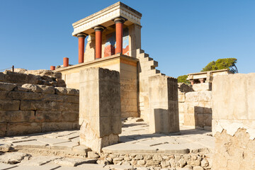 Fototapeta na wymiar Knossos, Heraklion, Crete, Greece - September 21st 2023 - The ruins of the beautiful Knossos Palace, Crete, Greece.