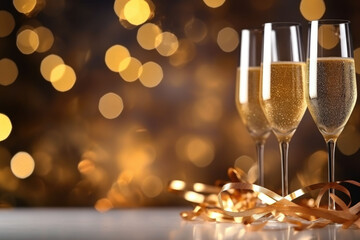 New year's eve celebration background with champagne. Golden bokeh. Generative AI