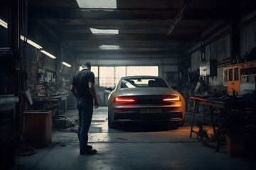 Mechanic man examining car engine in garage. repairing a car and inspecting a broken engine. manual diagnostics. machine maintenance