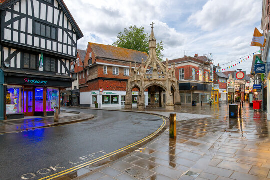 General view of the 14th century Poultry Cross market cross, marking the site of former medieval markets in Salisbury, Wiltshire, England, on August 23 2023.