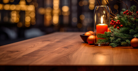 Christmas time and desk with candles, fir branch with free space for your decoration. Empty wood table top with blur Christmas tree with bokeh light background, digital ai	