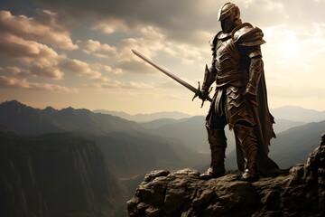Medieval knight standing on the cliff and holding a sword. 3d render - obrazy, fototapety, plakaty
