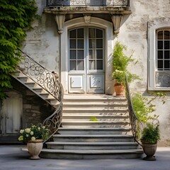 Stairs up to the entrance to an old house with flowers in pots