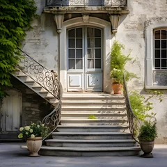 Foto op Plexiglas Stairs up to the entrance to an old house with flowers in pots © Iman