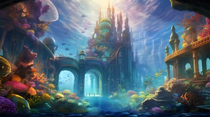 Underwater scene with fishes and a castle in the background - 3D render