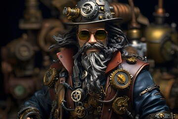 Steampunk man with a beard in the steampunk world. 3d rendering