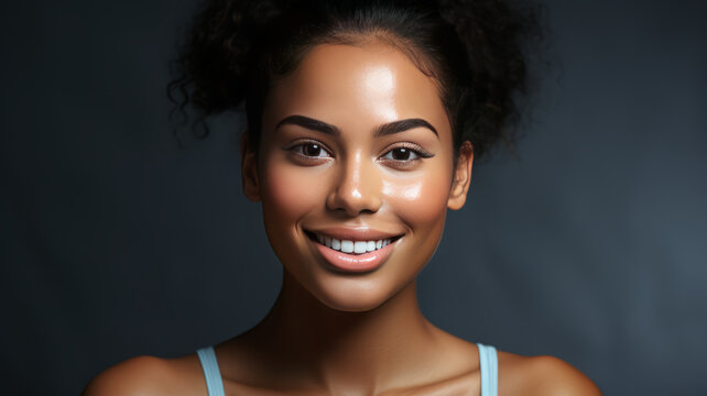 beautiful black woman touch face with smooth healthy skin, happy smiling.generative ai
