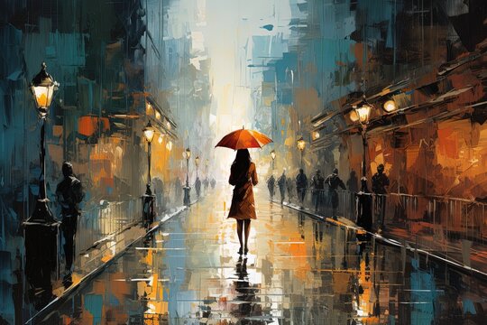 oil painting style illustration of a woman with umbrella back view walking through the evening city street in the rain