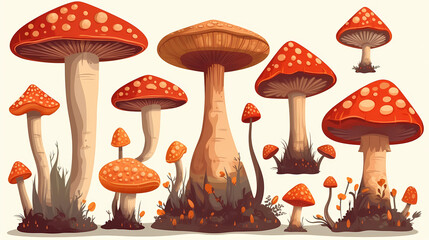 Clipart set of fly agarics isolated on white background