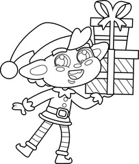 Outlined Cute Christmas Elf Cartoon Character Holding Up A Gift Boxes. Vector Illustration Flat Design Isolated On Transparent Background