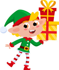 Cute Christmas Elf Cartoon Character Holding Up Gift Boxes. Vector Illustration Flat Design Isolated On Transparent Background