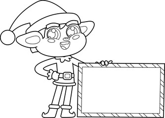 Outlined Cute Christmas Elf Cartoon Character Holding A Blank Sign. Vector Illustration Flat Design Isolated On Transparent Background