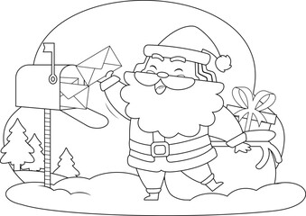 Outlined Santa Claus Cartoon Character Takes Letters From Mail Box. Vector Illustration Flat Design Isolated On Transparent Background