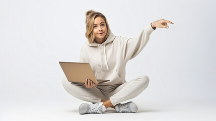 Young  girl with a laptop sitting on the floor isolated on white background pointing to the side to present a product