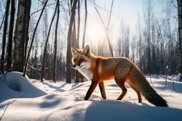 fluffy red fox walks through the snowy forest on a sunny winter day