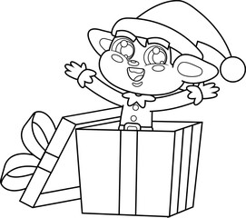 Outlined Happy Christmas Elf Cartoon Character Exit From Gift Box. Vector Illustration Flat Design Isolated On Transparent Background