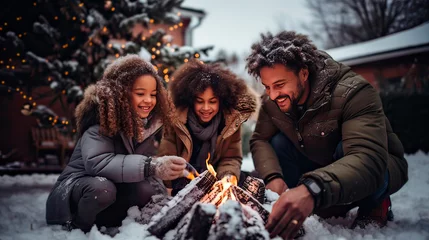 Fotobehang Father and children lighting bonfire outside their house on Christmas season in the winter season. Generative AI. © Lux Images