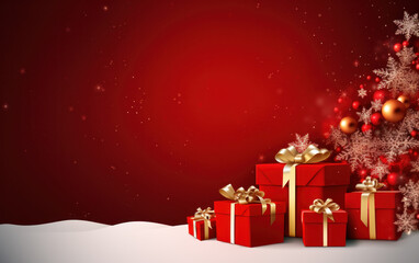 Red Merry Christmas holiday background. Christmas gifts with snowflakes. Traditional celebration...