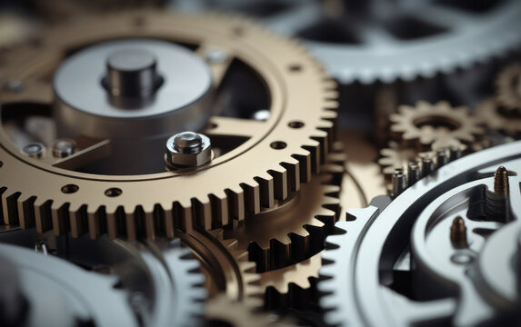 Close-up of metallic gears. Detail gear wheels. Modern technology background
