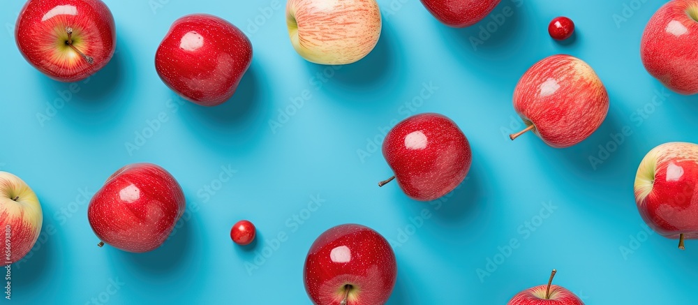 Poster top view of a blue background with a vibrant pattern of red apples