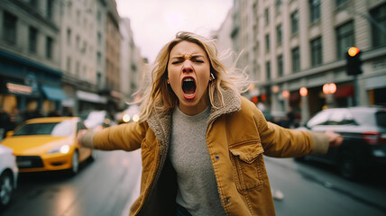 Fototapeta premium Young woman with an angry mood Because she has a problem with people driving on the road.generative ai