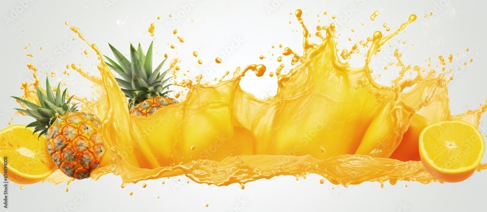 Poster fruit juice mix with orange pineapple and mango healthy splash design