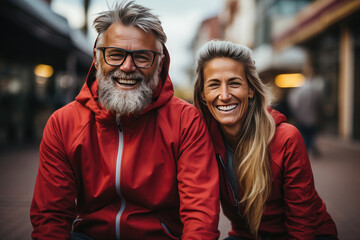 Obraz premium Active happy fit middle aged couple walking and playing sports.Concept of healthy lifestyle, sport