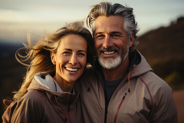 Active happy fit middle aged couple walking and playing sports.Concept of tourism, travel, active...