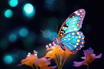 Fototapeta na wymiar Beautiful glowing magical multi-colored butterfly on beautiful flowers. Fantasy. Animal Protection Day concept.