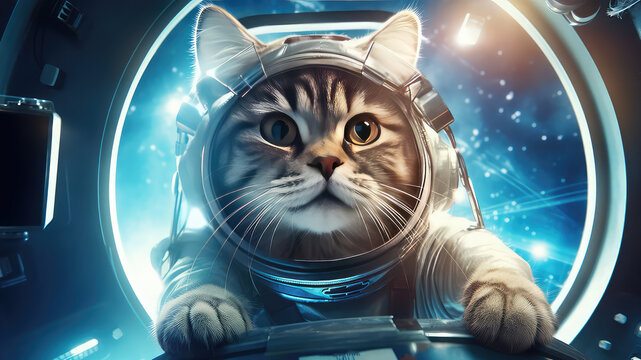Cute cat austronaut in the space ship