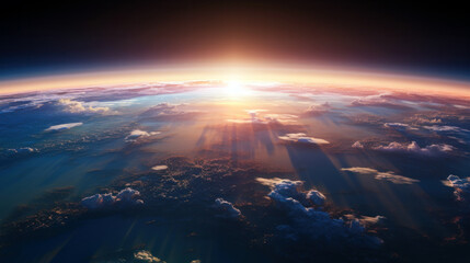 Aerial view of planet Earth with clouds from space. View of sunrise as seen from Earth's orbit - obrazy, fototapety, plakaty