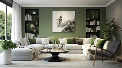 Modern cozy living room interior design with stylish sofa, coffee table, green plants, flowers, vases, poster, and decoration in a modern green look