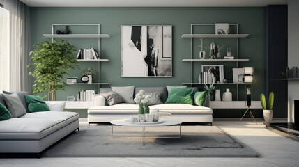 Modern cozy living room interior design with stylish sofa, coffee table, green plants, flowers, vases, poster, and decoration in a modern green look