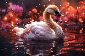  A beautiful swan swims on the water on a magical background.Wallpaper. Magic space fantasy postcard