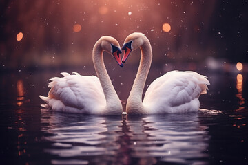Fototapeta premium A beautiful pair of swans with their necks form a heart. Beautiful magical background.Mating games of a pair of white swans. Swans swimming on the water. Postcard for St. Valentine's Day. Wallpaper.