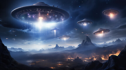 UFO aliens ship invasion on Earth - obrazy, fototapety, plakaty