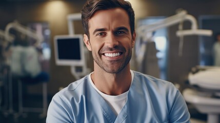 Photo portrait of a handsome man smiling with clean teeth. Dental advertisement