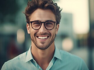 Photo portrait of a handsome man smiling with clean teeth. Dental advertisement