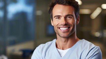 Photo portrait of a handsome man smiling with clean teeth. Dental advertisement - obrazy, fototapety, plakaty